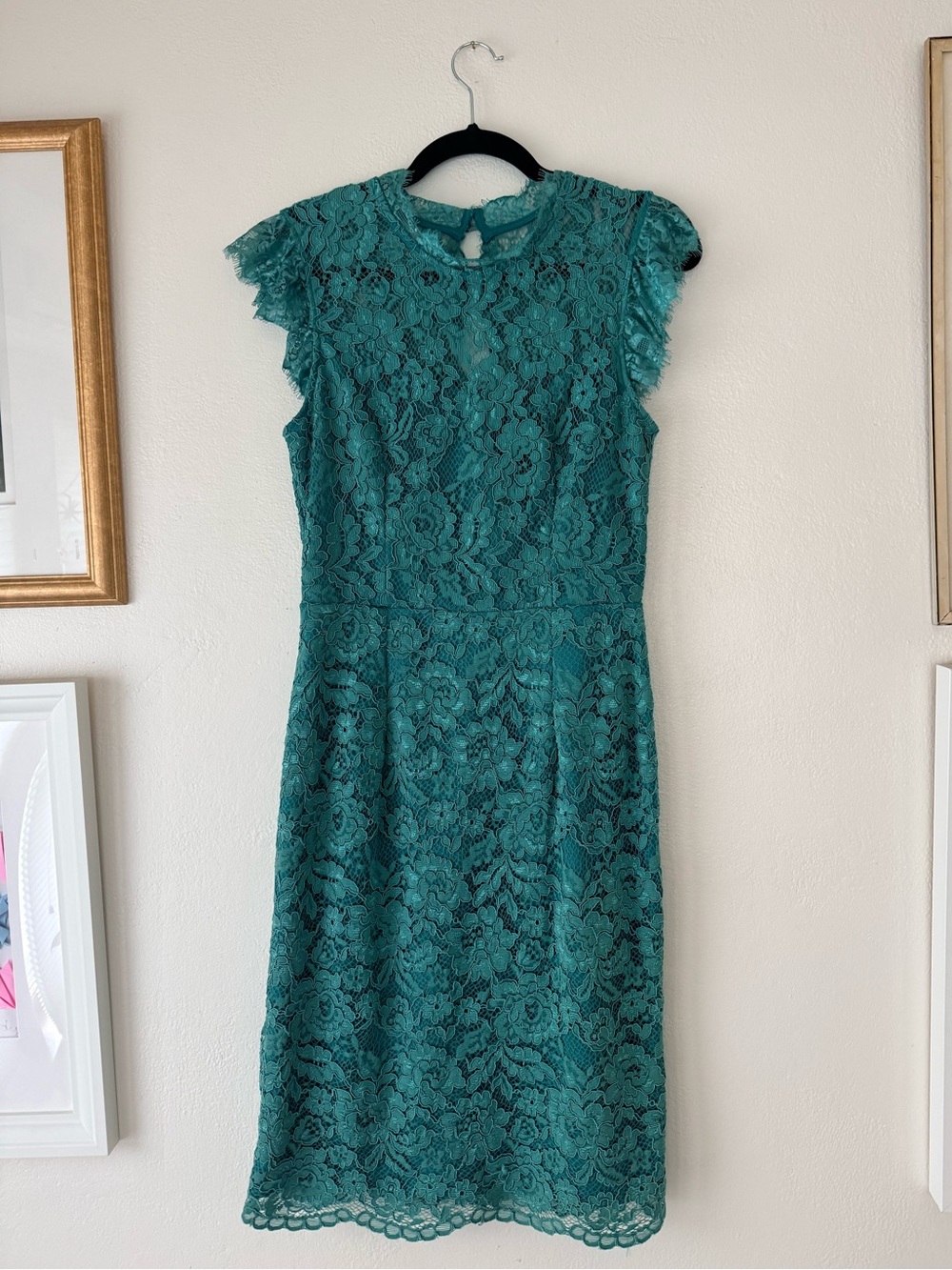 Teal Lace Midi Dress with Cap Sleeves